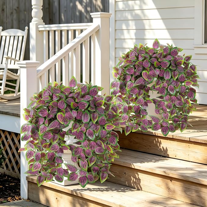 Fake Plants Artificial Hanging Plants for Outdoors Outside Decor, 2 PCS Faux Coleus Artificial Greenery Plants UV Resistant Look Real Long Trailing Vines for Front Door Porch Planter Urn Patio Indoor