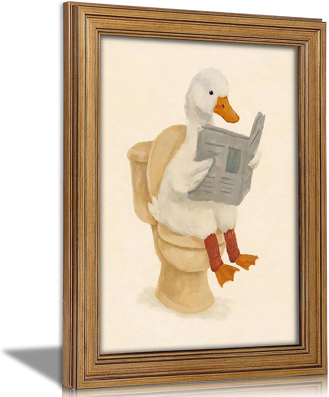 Vintage Gold Framed Duck Bathroom Wall Art Funny Animals on the Toilet Pictures Kids Bathroom Canvas Wall Decor Beige Cute Animal Painting Print Artwork for kids Room Restroom Bathroom，16x24in