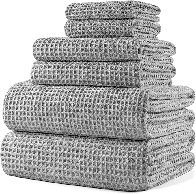 POLYTE 430 GSM Poly Blend Microfiber Quick Dry Waffle Bath Towel Set of 6 | 2-Body Towels, 2-Hand Towels, 2-Wash cloths, Oversize, Lint Free