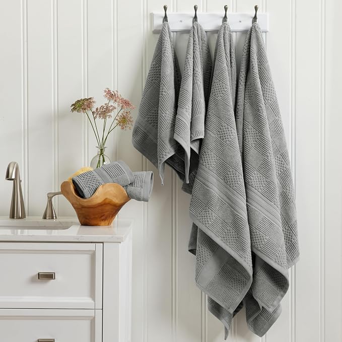 100% Cotton Bath Towel Set | 4-Pack | Textured Carbon Grey | Luxury Geometric Design | Absorbent & Quick-Dry Bathroom Towels | Textured and Durable Cotton Towels for Bathroom | OEKO-TEX
