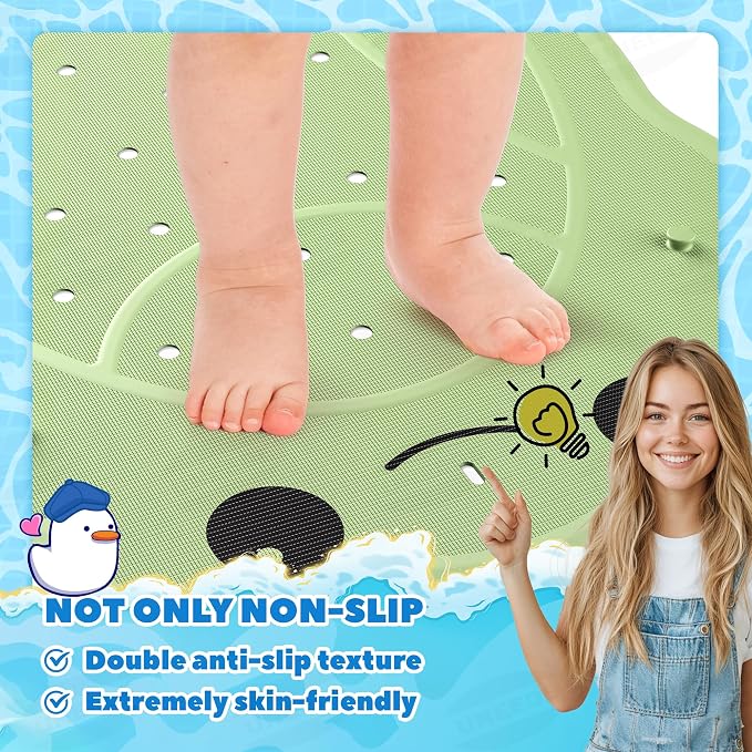 UNEEDE Kids Bathtub Mat Non Slip, Soft Rubber Shower Mat for Toddler | Machine Washable Baby Bath Mat with 100+ suction cups and 50+ Drainage Holes, 30"x18" Cute Frog Design, Baby Bath Essentials