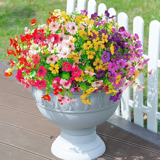 florisso Artificial Flowers for Outdoors Daisy 12 Bundles for Home Decor | Faux Flower Fake Plants Outside Decoration with Eucalyptus UV Resistant for Planter Porch Patio Yard Garden Colorful