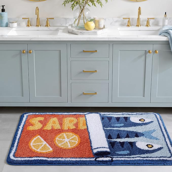 TRUEDAYS Sardine Bath Mat, Cute Bath Rugs for Bathroom 24x40 Inch, Blue | Fun Bath Mat, Soft Absorbent, Quick Dry, Machine Washable, Non Slip Bath Rugs for Bathroom Decor Kitchen Bedroom