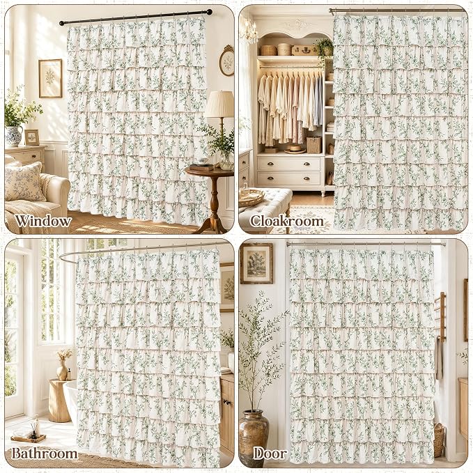 Extra Long Farmhouse Ruffle Shower Curtains with Green Floral, 72"Wx84"L | French Country Vintage Rustic Washable Waterproof Shower Curtain for Bathroom Bathtub, 12 Metal Hooks