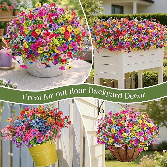 SHareconn 24 Bundles Artificial Flowers for Outdoors UV Resistant Decor | Realistic Silk Violet Lavender, UV Resistant Fake Flowers, Ideal Spring Decor for Patio Porch, Yard Planter & Home, 6 Colors