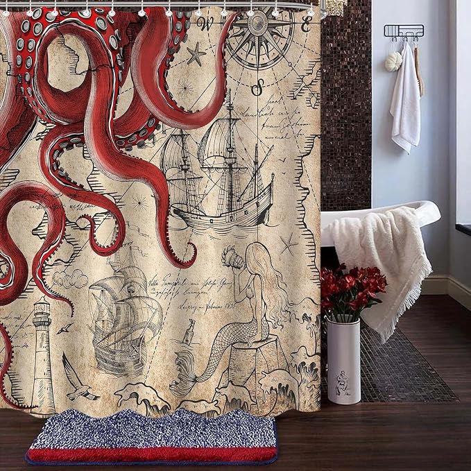 Fungarth Vintage Red Nautical Octopus Shower Curtain Mermaid Funny Ocean Kraken Shower Curtains for Bathroom Cool Anchor Coastal Map Waterproof Fabric Bath Curtain Decor with Hooks (Retro1, 72” x 72”)