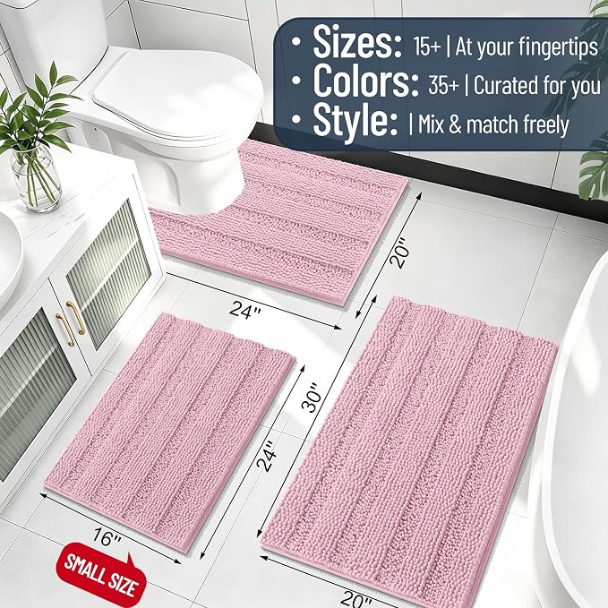 Smiry Thick Small Chenille Bathroom Rugs 24x16, Soft Bath Mat, Dusty Rose | Quick‑Dry & Machine Washable, Non‑Slip Bath Carpet, Striped Bath Rugs for Tub & Shower, Modern Home Decor Accessories