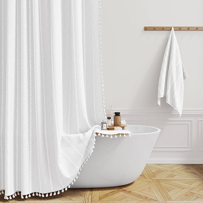54x78 Boho Farmhouse Linen Heavy Duty Cloth Shower Curtain Set, White | Narrow Long Size, 330GSM Linen Blend, Water Repellent, Vintage Striped Fabric, 10 Hooks, Rustic Country, Machine Washable
