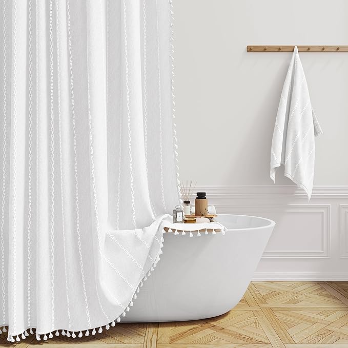 60 x 84 Boho Famrhouse Linen Heavy Duty Cloth Shower Curtain, White | Narrow Long Size, 330GSM Linen Blend, Water Repellent, Vintage Striped Fabric, 10 Hooks, Rustic Country, Machine Washable