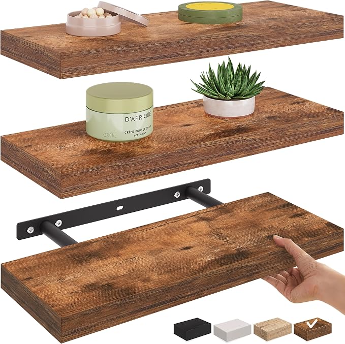 Ballucci Floating Shelf, 3-Pack 16" Rustic Brown Floating Shelves for Wall, Wood Wall Shelf for Home Décor, Floating Shelves for Bathroom, Living Room, and Bedroom, 6" Deep Wall Shelves