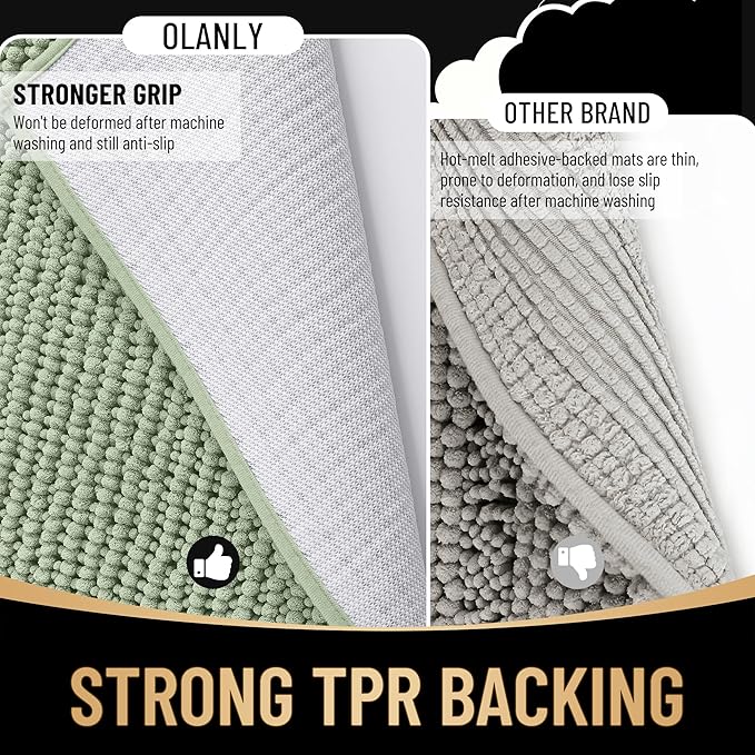 OLANLY Thick Chenille Absorbent Bathroom Rugs Mat 30x20, Sage Green | Soft Bath Rugs, Rubber Backing, Machine Wash Dry, Bath Mats for Bathroom, Tub and Shower, Home Decor Accessories