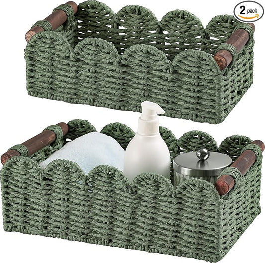 Wicker Baskets for Organizing Toilet Paper Storage Basket | with handle for Bathroom Bedroom Home Farmhouse Decor,Set of 2,Green