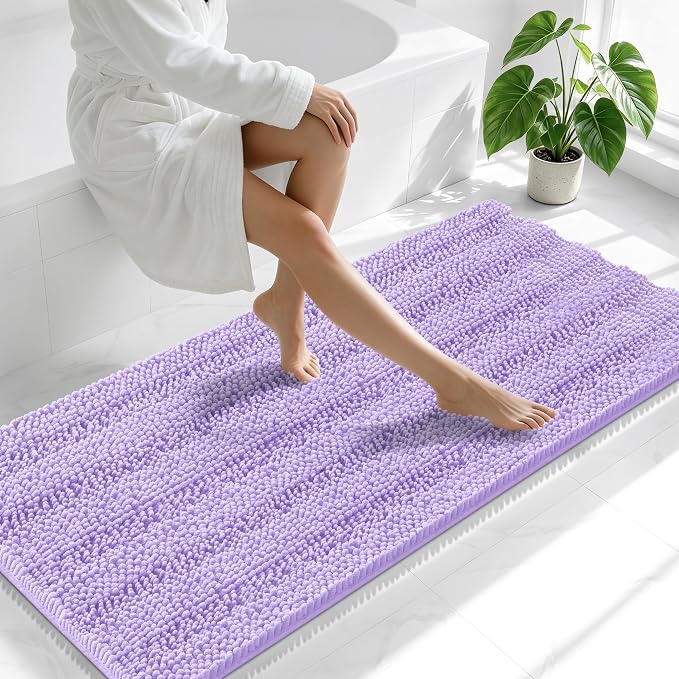 Smiry Thick Chenille Bathroom Runner Rugs 59x24, Soft Bath Mat, Lavender | Quick‑Dry & Machine Washable, Non‑Slip Bath Carpet, Striped Bath Rugs for Tub & Shower, Modern Home Decor Accessories