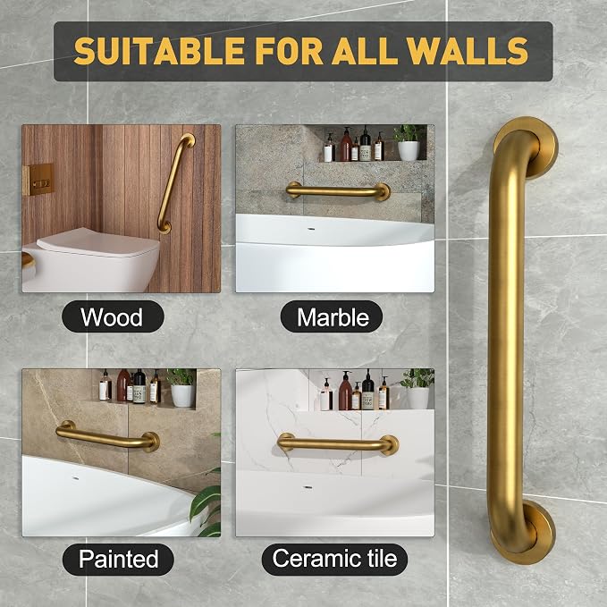 16 Inch Shower Grab Bar, 500 lb Heavy Duty Brushed Gold Stainless Steel Safety Rail for Bathtubs and Showers – Anti Slip Bathroom Grab Bar for Elderly Handicap Senior, Screw Mount Assist Handle