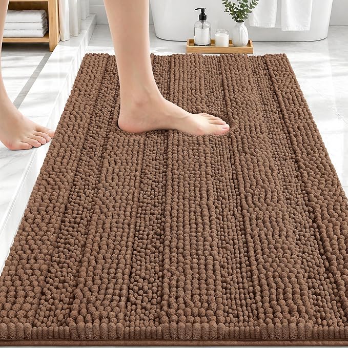 OLANLY Thick Bathroom Rugs 30x20, Soft Chenille Striped Bath Rugs, Mocha | Rubber Backing, Machine Wash, Extra Absorbent Bath Mats for Bathroom Floor, Tub and Shower, Home Decor Accessories