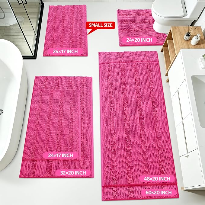 Christmas Striped Hot Pink Bathroom Rug Set 3 Pieces Ultra Soft, Non Slip Chenille Toilet Mat, Absorbent Plush Shaggy Bath Mats for Bathroom, Bedroom, Kitchen, Peach