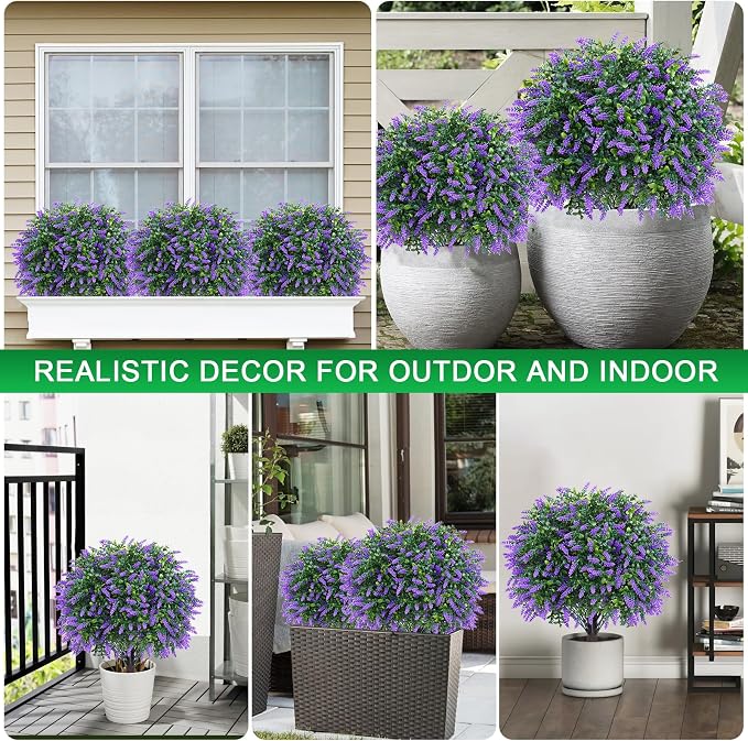 Artificial Boxwood Topiary Ball Lavender, Set of 2 UV Resistant | Fake Shrubs Bushes with Ground Spike, Faux Greenery Flower, Evergreen Fake Plants for Outdoor Indoor Front Porch Garden