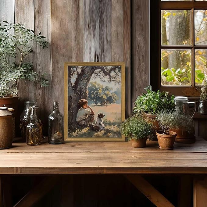 Wood Framed Canvas Wall Art, Vintage Boy and Dog Painting Poster, Countryside Pastoral Landscape Print Picture, Rustic Farmhouse Wall Decor for Living Room Bedroom Nursery 8x10 inch