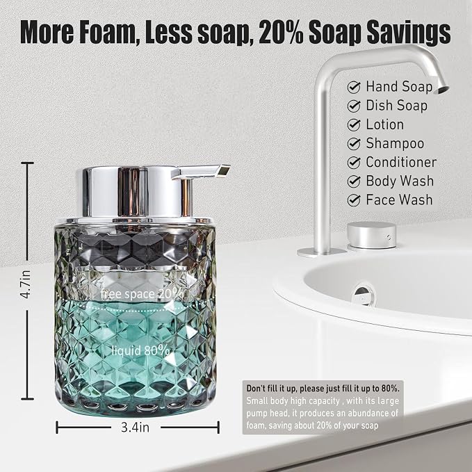 Malachi Foaming Hand Soap Dispenser, Refillable Clear Glass Foam Pump Bottle for Liquid Hand Soap, Dish Soap, Multi‑use for Bathroom, Kitchen & Commercial Use