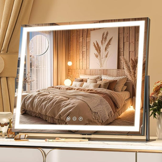 Hasipu Vanity Mirror with Lights, 24.2" x 19.7" LED Makeup Mirror, Light up Mirror with 10X Magnification, Smart Touch 3 Colors Dimmable, Brightness Adjustment, 360° Rotation (Right Angle Black)