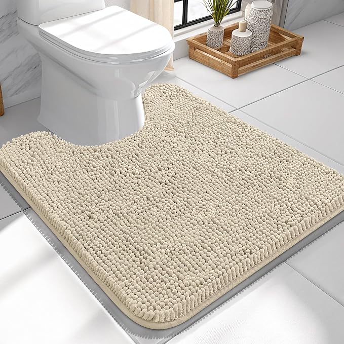 OLANLY Toilet Rugs U-Shaped 24x24, Soft Absorbent Chenille Contour Rugs | Sand, Quick-Drying Rubber Backing, Machine Washable Non-Slip Shaggy Bathroom Mat for Toilet, Home Decor Accessories