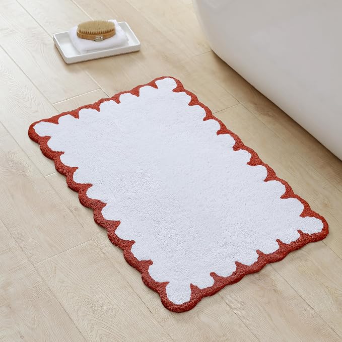Peri Home Scalloped Bath Rug 20" x 30" White with Chili Red 1-Piece | Soft & Absorbent, Cotton Tufted, Mat, Scallop