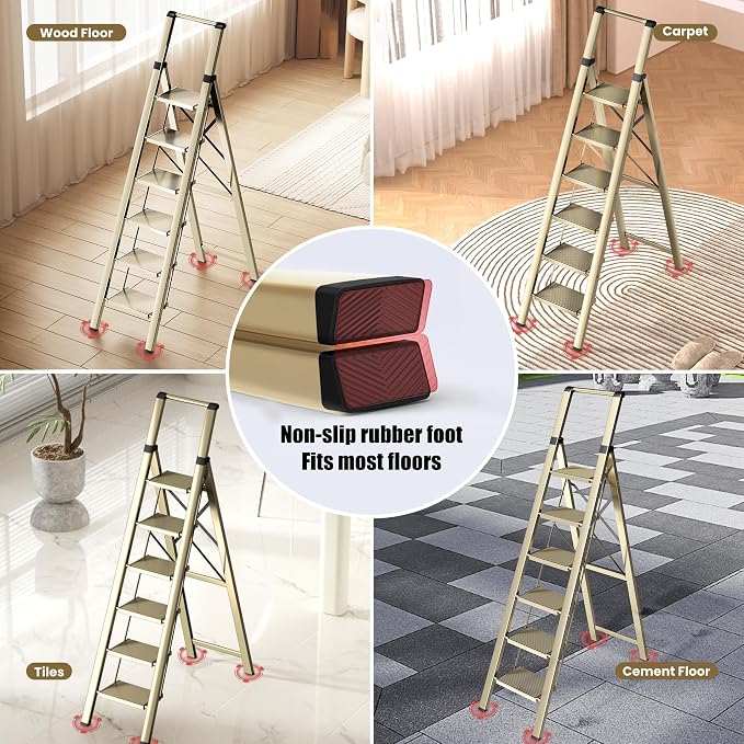 6 Step Ladder, Folding Step Stool, Lightweight Stepladder, Gold | Reach 12ft;Anti-Slip 7.9'' Wide Pedal;Portable Handrail;Space-Saving;For Kitchen, Home, Library, Office Use;300lbs Capacity
