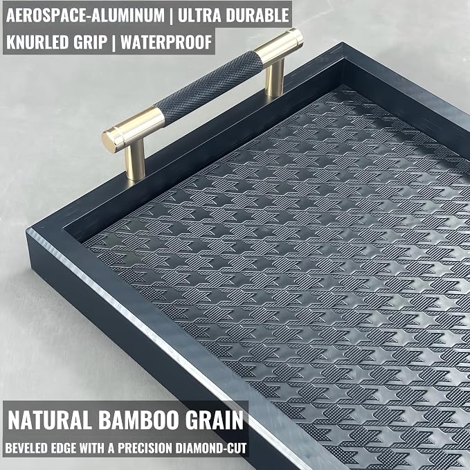 Bamboo Vanity Tray for Dresser -13.4"x8.7" Cologne Tray with Handles | Black Gold Trinket Tray with Leather Mat for Perfume, Jewelry, Watch, Key, for Bathroom Countertop, Living Room, Bedroom