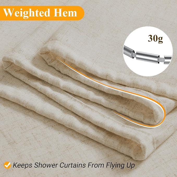Extra Long Linen Shower Curtain 90 Inch Long Shower Curtains Set with Hooks for Bathroom Boho Farmhouse Fabric Neutral Cloth Modern Cottage Core Waterproof,Vanilla