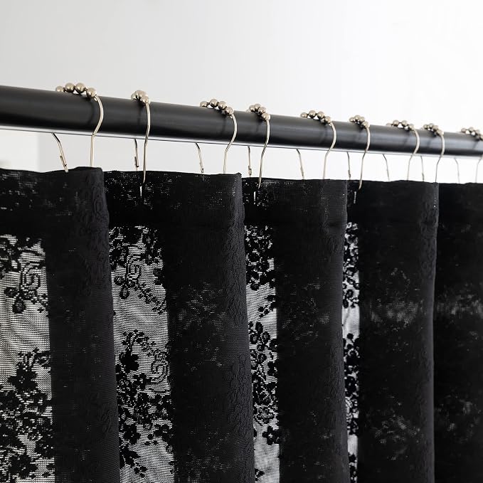 TUDECO Black Lace Shower Curtain for Small Bathroom, 36''W x 72''L | Half Size, Gothic Bathroom Decor, Delicate Floral, Attached Valance, Scalloped Edges, Semi- Privacy
