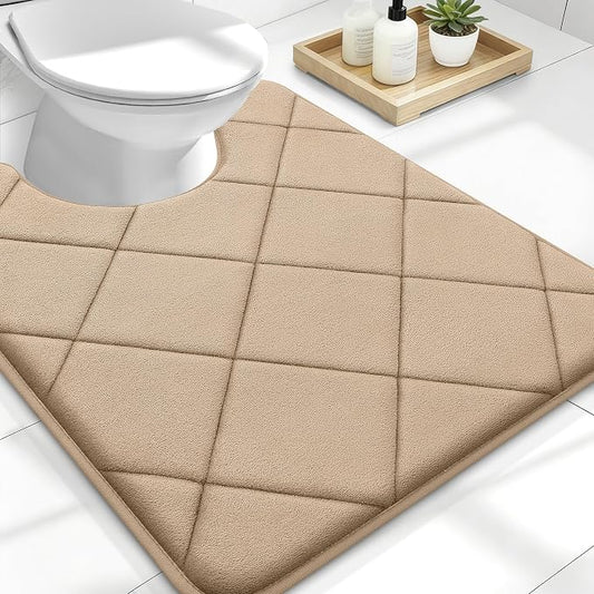 OLANLY Memory Foam Toilet Rugs U-Shaped 24x20, Ultra Soft and Absorbent | Tan, Quick Dry Commode Contour Rugs, Machine Washable, Comfortable Bathroom Contour Bath Mats for Toilet Base