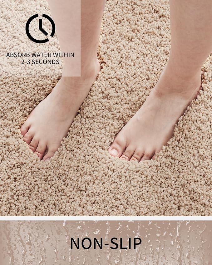 Bathroom Rugs Non Slip Washable, Ultra Thick Soft Microfiber Absorbent Bath Mats, High Density Foam Latex Non Slip Backing Bath Rugs, Fluffy Floor Carpet for Tub&Shower 24x17, Beige