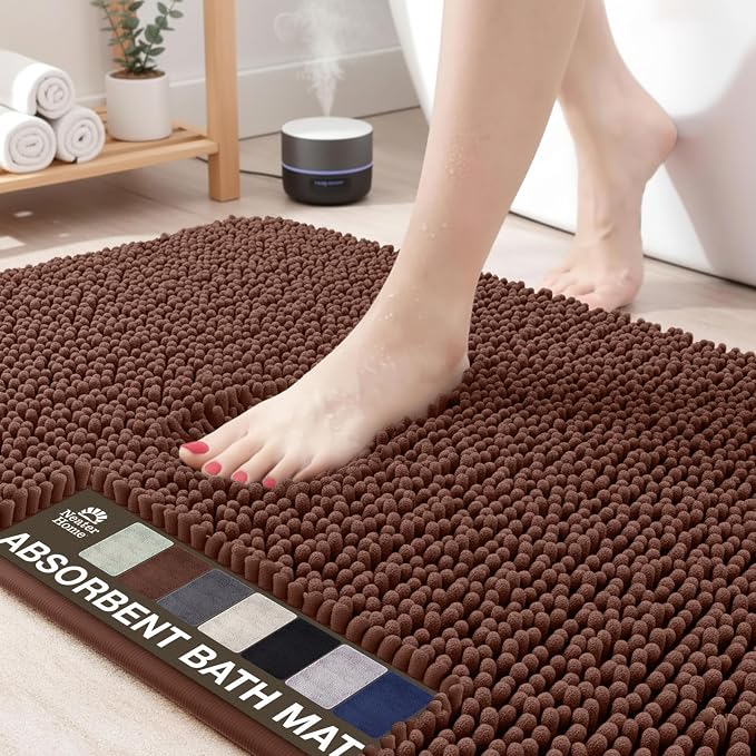 Neater Home Plush Bathroom Rugs 30x20 Thick Chenille Quick Dry Microfiber Absorbent Bath Mat, Soft Bath Rugs, Machine Washable Bathroom Floor Mat for Tub Shower Sink, Home Decor Accessories, Brown