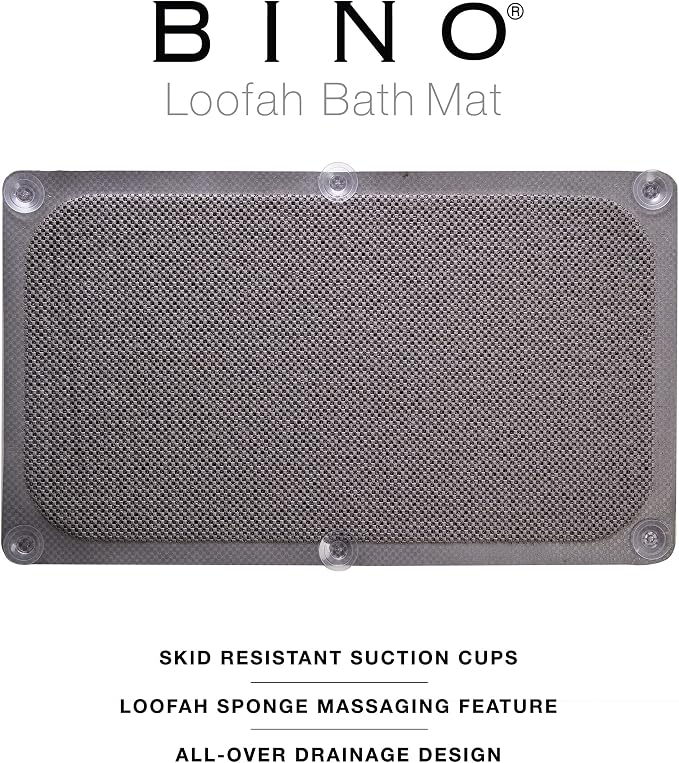 BINO | Loofah Non-Slip Bath Mat for Tub - Grey | Spa-Inspired Comfort, Quick-Drying, Secure Suction Cups | Exfoliating Shower Mat for a Luxurious and Safe Bathing Experience
