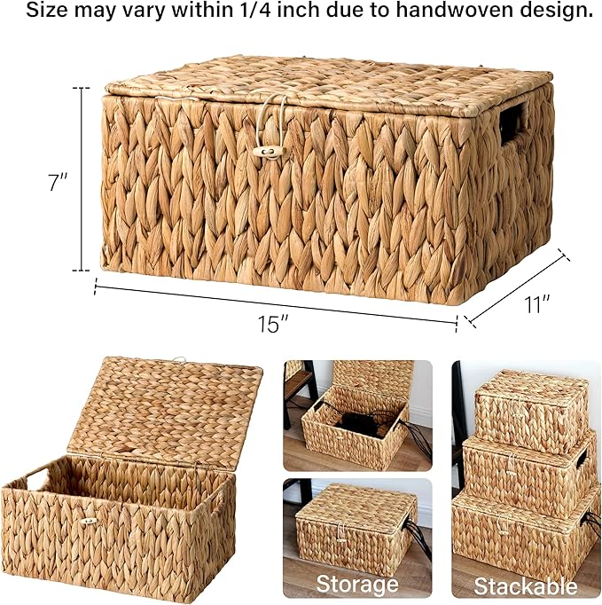 StorageWorks Wicker Basket with Lid, Water Hyacinth Storage Baskets | Woven Baskets with Lids for Shelves, Wicker Storage Baskets with Lids, Decorative Box, Lidded Baskets for Organizing, 1 Pack