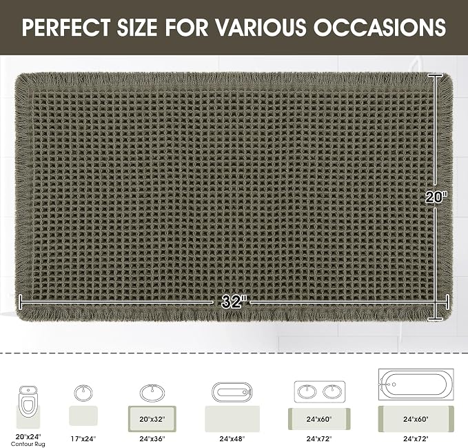 Upgraded Waffle Bath Mat, 32"x20" Greyish Green, Super Absorbent Non-Slip Quick Dry Bathroom Rugs with Tassels, Machine Washable Ultra Soft Boho Bath Rugs for Floor, Toilet Mats Boho Farmhouse Decor
