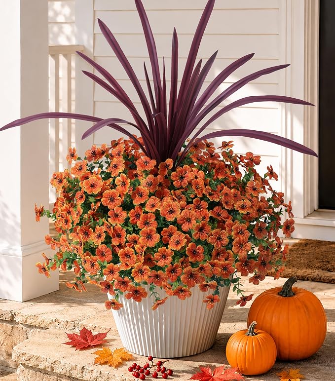 Artificial Fall Flowers Faux Mums for Outdoor Indoor Garden Home Decoration, Faux Flower Daisy with Eucalyptus Leaves Fake Mums Plants Greenery Boxwood Porch Patio, 12 Bundles (Orange)