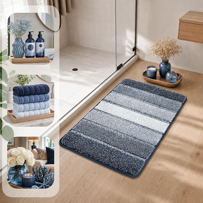 COSY HOMEER Bathroom Rugs 24x17,Ultra Soft Absorbent Bath Mat,Dark Blue | Non-Slip TPR Backing Stays in Place, Machine Washable Bath Rugs Shaggy Rug for Bathroom Floor