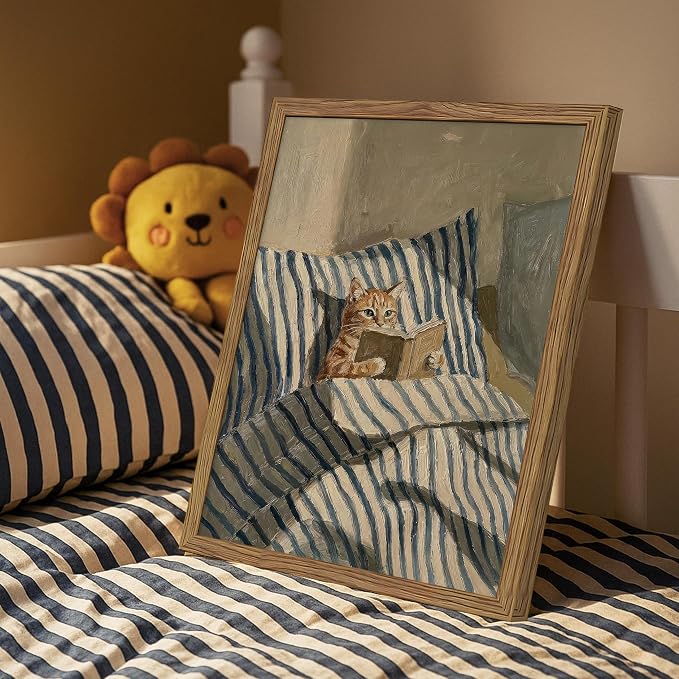Framed Cat Wall Art, Funny Orange Cat Reading Book Canvas Wall Decor Painting, Vintage Cute Animal Artwork Poster Prints Picture for Bedroom Living Room Library 12x16 Inch