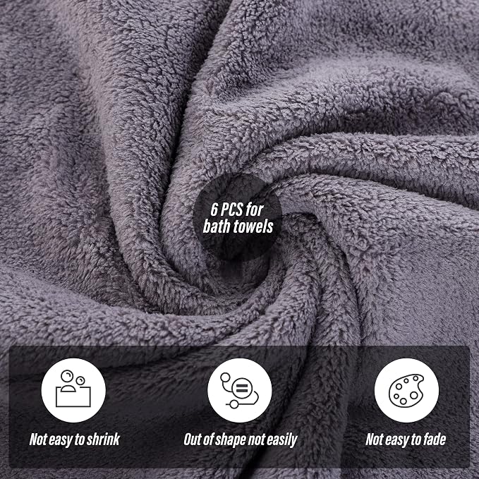 MOONQUEEN 6 Pack Premium Bath Towel Set - Quick Drying - Microfiber Coral Velvet Highly Absorbent Towels - Multipurpose Use as Bath Fitness, Bathroom, Shower, Sports, Yoga Towel (Grey)