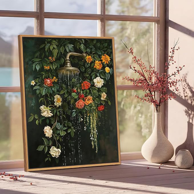 Floating Framed Floral Shower Wall Art, Vintage Botanical Flower Canvas Print, Romantic Garden Roses and Waterfall Painting, Nature Inspired Bathroom Wall Decor for Home Living Room 16x24 inch