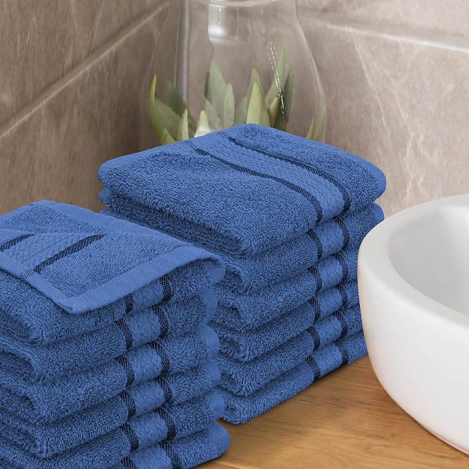 COTTON CRAFT Ultra Soft Washcloths - 12 Pack 100% Ringspun Cotton Facecloth | Large 12x12 inch Blue Wash Cloths - Plush 580 GSM Absorbent Quick Dry Everyday Luxurious Wash Towels for Baby Spa Gym Travel
