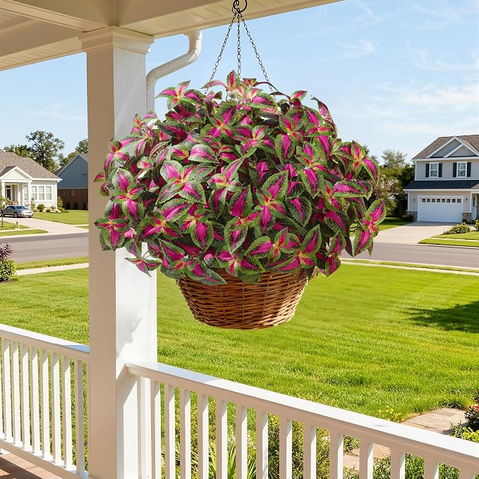 florisso Artificial Greenery Plants Outdoor, 5 Pcs Faux Coleus Plants UV Resistant Silk Plants with Stems, Fake Plants for Outside Garden Patio Hanging Planter Pathway Front Porch Decoration(Red)