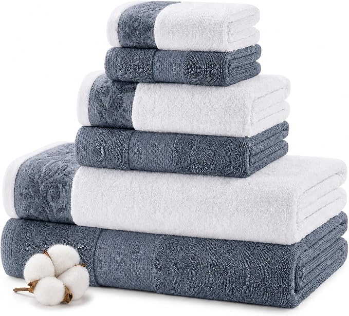 Modern Threads 600 GSM 6-Piece Towel Set with Filgree Jacquard Border Blue