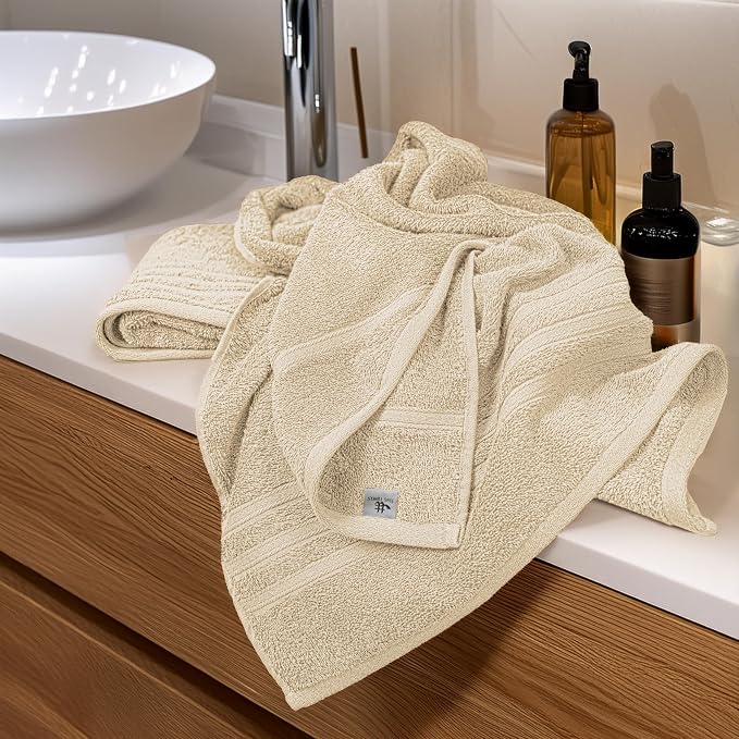 4 Piece Bath Towels 27x54 Inches, Beige | 100% Cotton, Lightweight & Quick-Dry, Ideal for Daily Bathroom Use, Practical & Comfortable