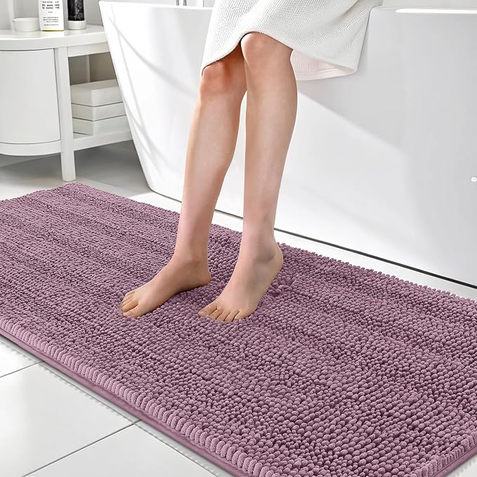 OLANLY Thick Bathroom Runner Rugs 70x24, Soft Chenille Bath Rugs, Deep Plum | Absorbent Striped, Rubber Backing, Machine Wash, Long Bath Mats for Bathroom Floor, Tub and Shower, Home Decor Accessories
