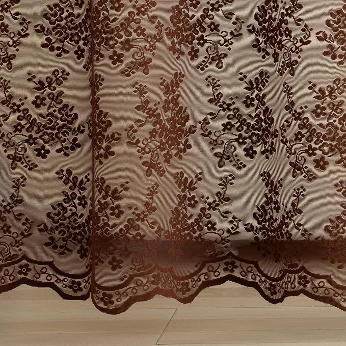 Chocolate Brown Shower Curtain 72x72, Vintage Lace with Attached Valance | Brown Lace Shower Curtain with Scalloped, Floral Trim, Lets in Soft Light for Rustic, Boho and Moody Bathroom Decor