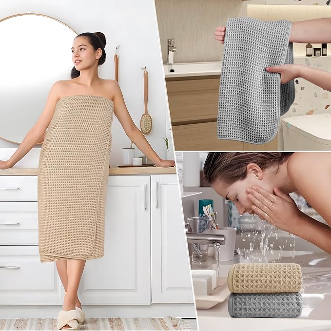 POLYTE 430 GSM Poly Blend Microfiber Quick Dry Waffle Bath Towel Set of 6 | 2-Body Towels, 2-Hand Towels, 2-Wash cloths, Oversize, Lint Free