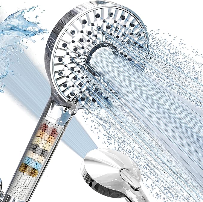 Magichome Filtered Shower Head with Handheld, 10-Mode Adjustable Detachable Chrome Showerhead w/Stainless Hose, Water Softener Filter Beads for Hard Water - Remove Chlorine, Reduce Dry Itchy Skin