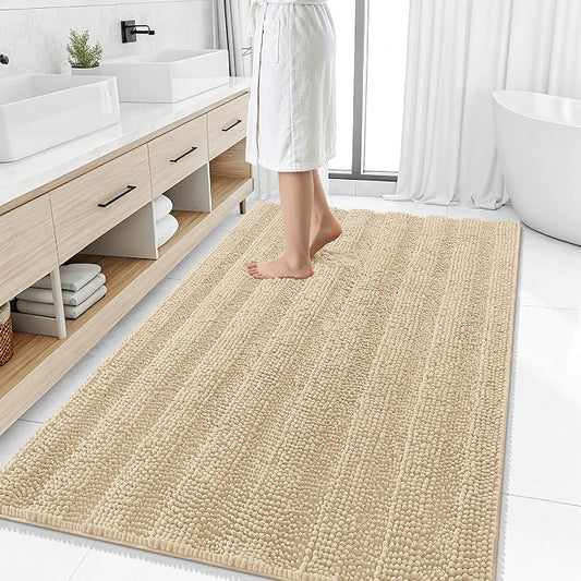 Smiry Thick Chenille Large Bathroom Runner Rugs 50x30, Soft Bath Mat, Beige | Quick‑Dry & Machine Washable, Non‑Slip Bath Carpet, Striped Bath Rugs for Tub & Shower, Modern Home Decor Accessories